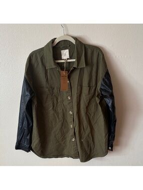 Thread & Supply Olive Green Shirt Jacket with Black Faux-Leather Sleeves